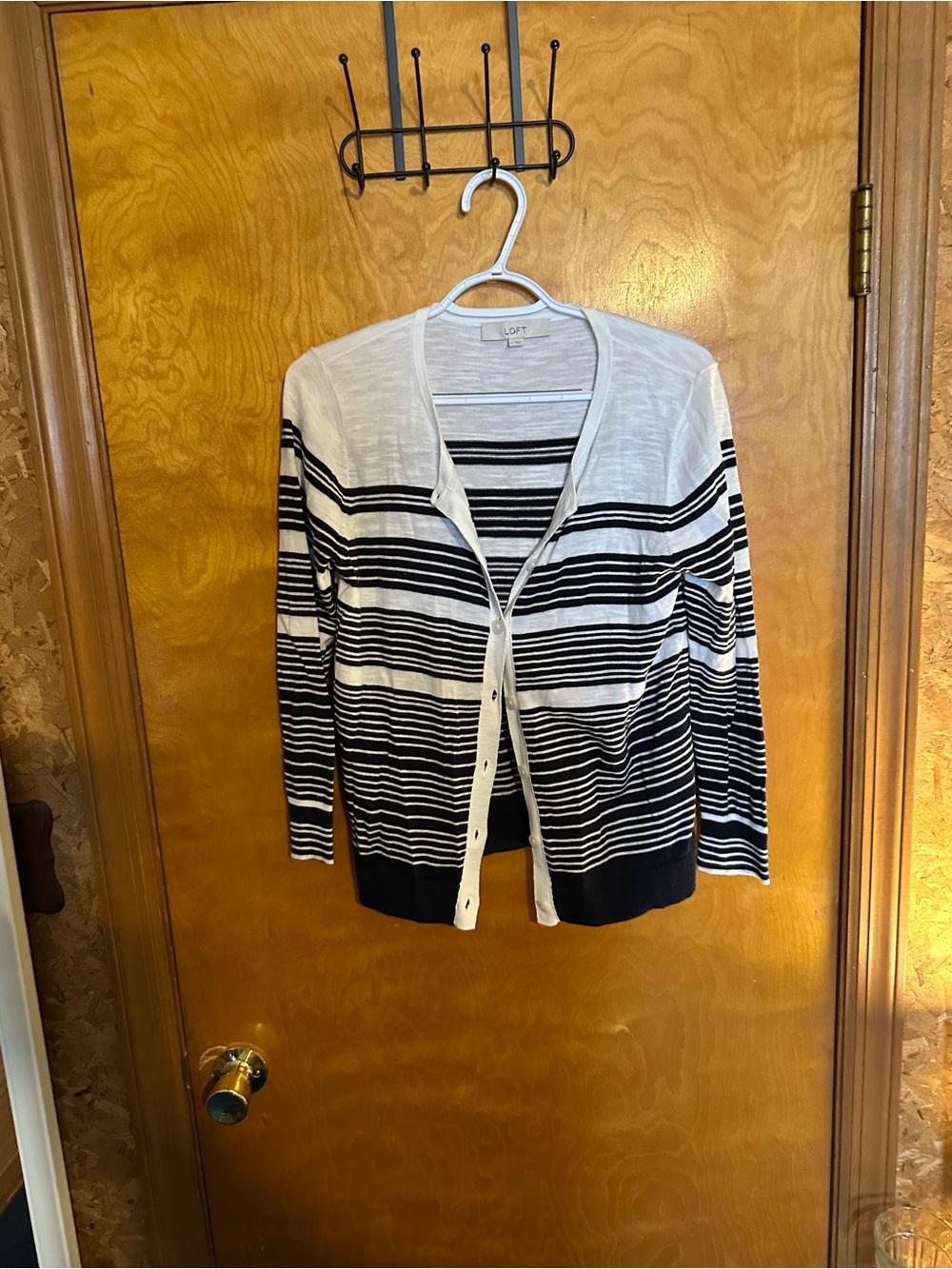 LOFT White and Black Striped Button-Up Cardigan